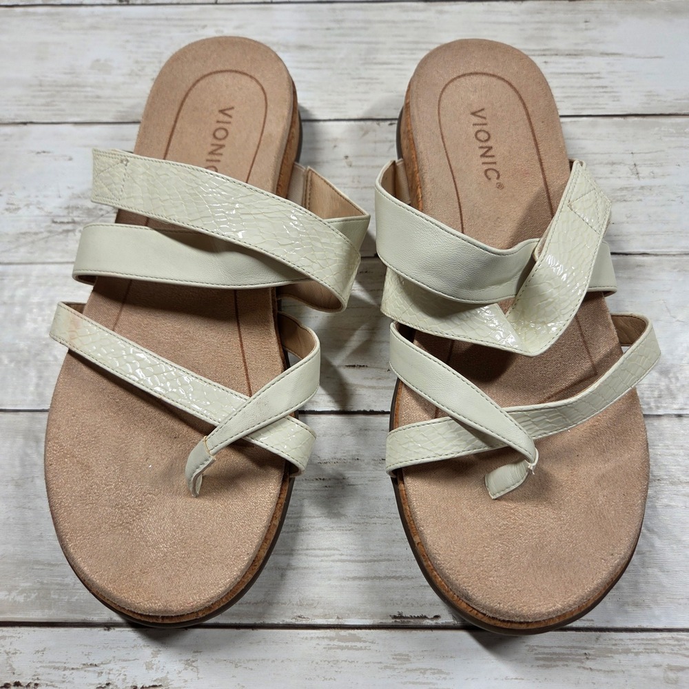 Vionic Anelle Strappy Sandal Orthotic Women 10 Wide Cream Snakeskin Texture